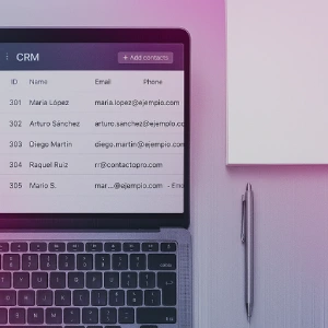 Pantalla de CRM con contactos reales y detalles visibles, junto a teclado y bloc de notas, simbolizando la gestión integral de solicitudes realizada por Contactopro.